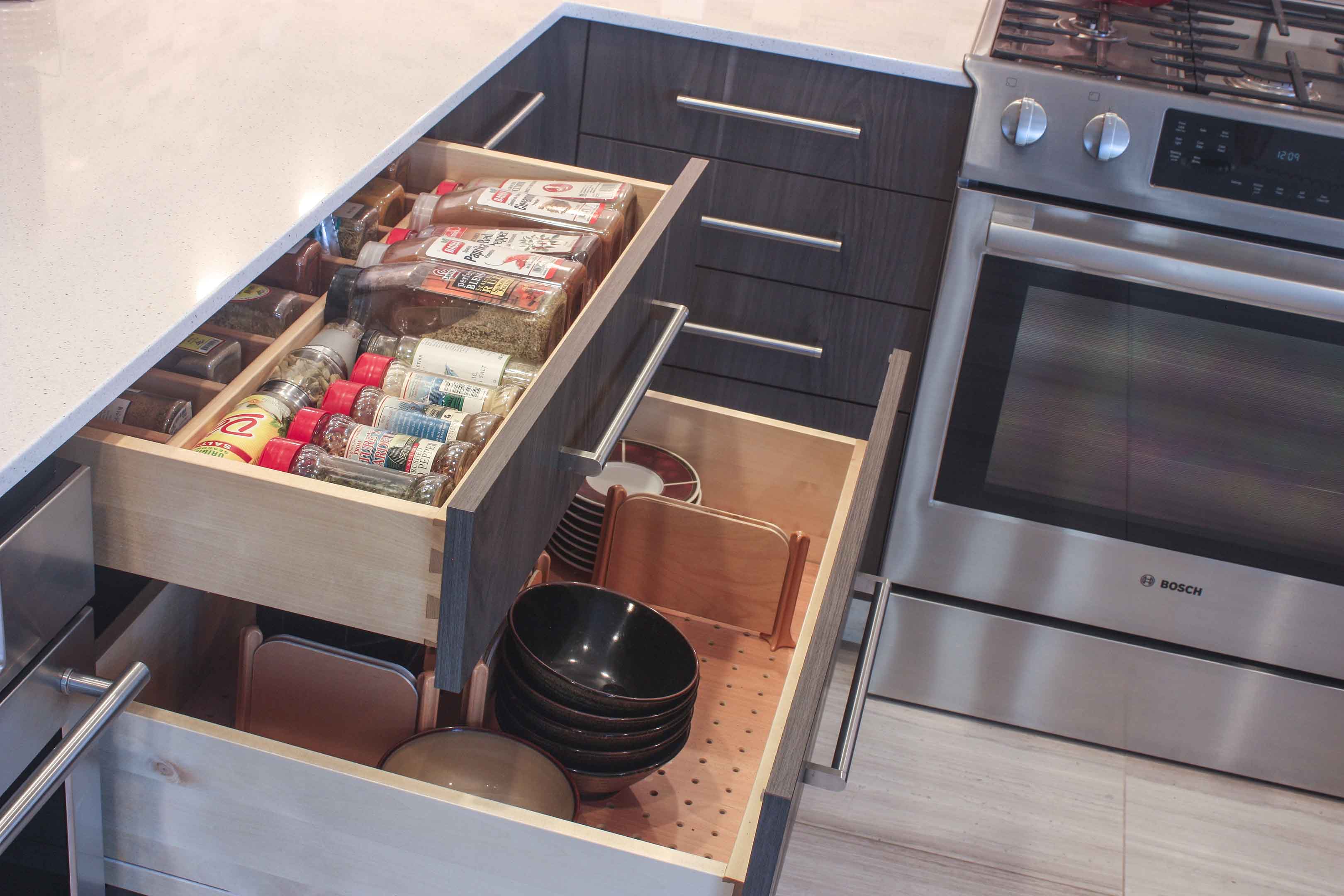 detail spice drawer and utility drawer joan bigg kitchen choreography contemporary kitchen design westchester county ny